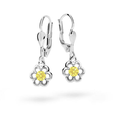 Dětské visací náušnice Danfil kytičky C1947 z bílého zlata s kamínky Yellow, zapínání klapka