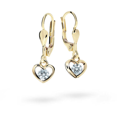 Dětské visací náušnice Danfil srdíčka C1943 ze žlutého zlata s kamínky White, zapínání klapka