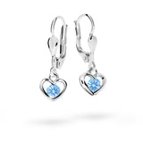 Dětské visací náušnice Danfil srdíčka C1943 z bílého zlata s kamínky Arctic Blue, zapínání klapka