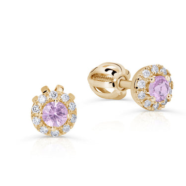 Zlaté dámské náušnice DF 3100, růžový safír s diamanty, žluté zlato