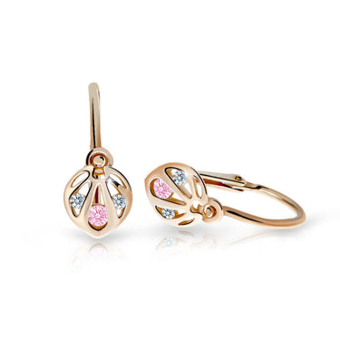 Dětské náušnice Danfil C2265 z růžového zlata s kamínky Pink, zapínání brizura