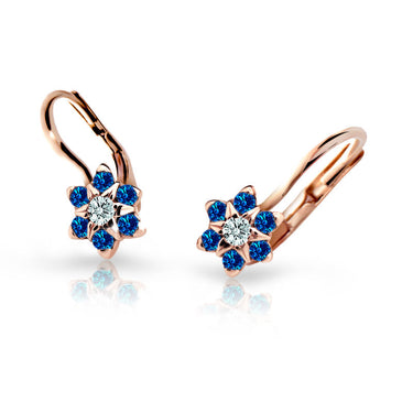 Dětské náušnice Danfil kytičky C2152 z růžového zlata s kamínky Dark Blue, zapínání klapka