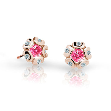 Dětské náušnice Danfil kytičky C2178 z růžového zlata s kamínky Tcf Red, zapínání puzeta