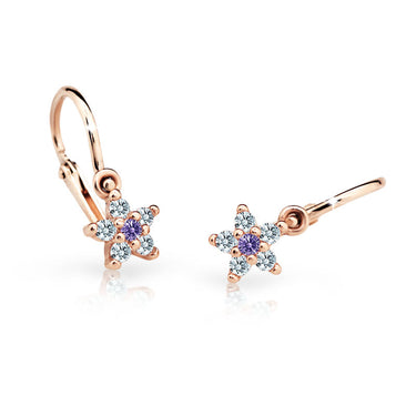 Dětské náušnice Danfil hvězdičky C2118 z růžového zlata s kamínky Amethyst, zapínání brizura