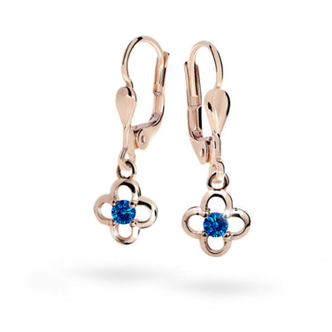 Dětské visací náušnice Danfil kytičky C1944 z růžového zlata s kamínky Dark Blue, zapínání klapka