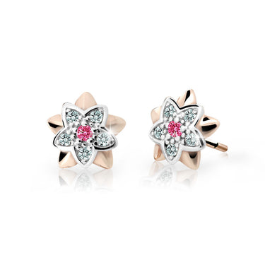 Dětské náušnice Danfil kytičky C2210 z růžového zlata s kamínky Tcf Red, zapínání balónek