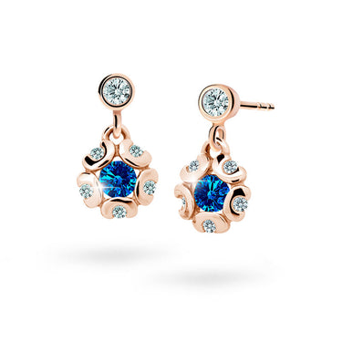 Dětské visací náušnice Danfil kytičky C2178 z růžového zlata s kamínky Dark Blue, zapínání balónek