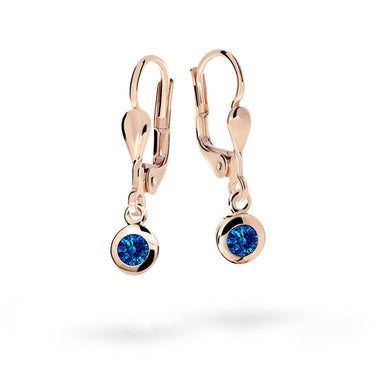 Dětské visací visací náušnice Danfil C1537 z růžového zlata s kamínky Dark Blue, zapínání klapka