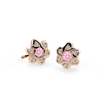 Dětské náušnice Danfil kytičky C2149 z růžového zlata s kamínky Pink, zapínání puzeta