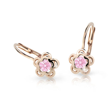 Dětské náušnice Danfil kytičky C2204 z růžového zlata s kamínky Pink, zapínání klapka