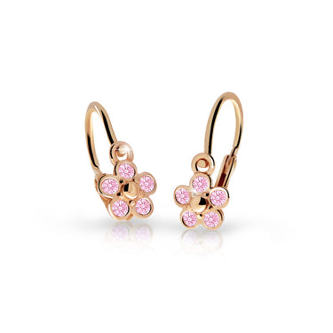 Dětské náušnice Danfil kytičky C2744 z růžového zlata s kamínky Pink, zapínání brizura