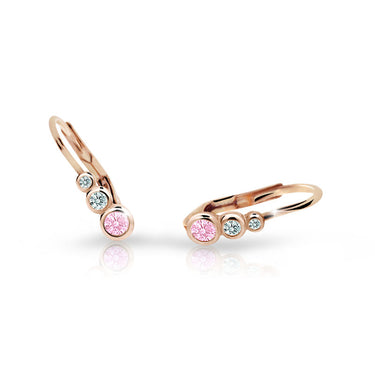 Dětské náušnice Danfil C2255 z růžového zlata s kamínky Pink, zapínání klapka