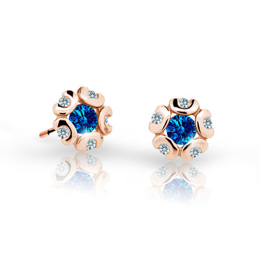 Dětské náušnice Danfil kytičky C2178 z růžového zlata s kamínky Dark Blue, zapínání balónek