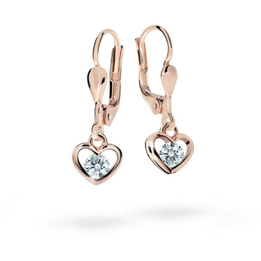 Dětské visací náušnice Danfil srdíčka C1943 z růžového zlata s kamínky White, zapínání klapka