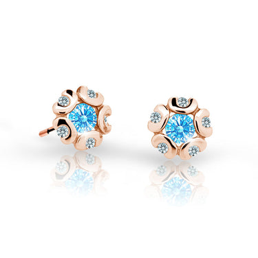 Dětské náušnice Danfil kytičky C2178 z růžového zlata s kamínky Arctic Blue, zapínání balónek