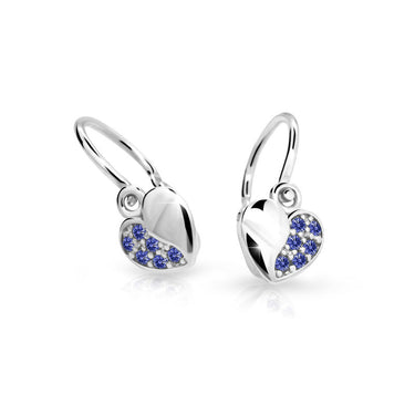 Dětské náušnice Danfil srdíčka C2160 z bílého zlata s kamínky Sapphire blue, zapínání brizura
