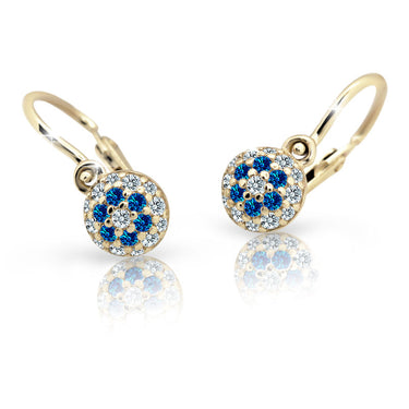 Dětské náušnice Danfil C2150 ze žlutého zlata s kamínky Dark Blue, zapínání brizura