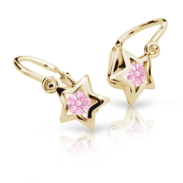 Dětské náušnice Danfil hvězdičky C1942 ze žlutého zlata s kamínkem Pink, zapínání brizura