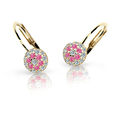 Dětské náušnice Danfil C2150 ze žlutého zlata s kamínky Tcf Red, zapínání klapka