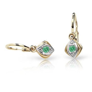 Dětské náušnice Danfil C1897 ze žlutého zlata s kamínkem Emerald Green, zapínání brizura