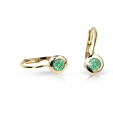 Dětské náušnice Danfil C1537 ze žlutého zlata s kamínkem Emerald Green, zapínání klapka