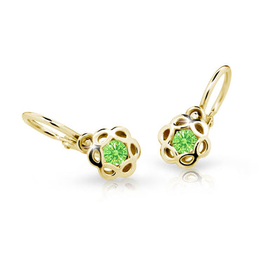 Dětské náušnice Danfil kytičky C2179 ze žlutého zlata s kamínkem Peridot Green, zapínání brizura