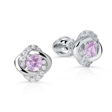 Zlaté dámské náušnice DF 3263, růžový safír s diamanty, bílé zlato