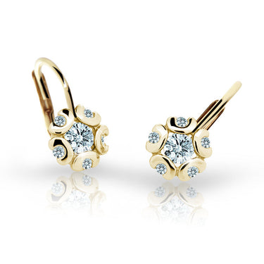 Dětské náušnice Danfil kytičky C2178 ze žlutého zlata s kamínky White, zapínání klapka