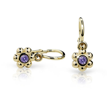 Dětské náušnice Danfil kytičky C2031 ze žlutého zlata s kamínkem Amethyst, zapínání brizura