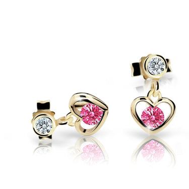 Dětské visací náušnice Danfil srdíčka C1943 ze žlutého zlata s kamínkem Tcf Red, zapínání puzeta