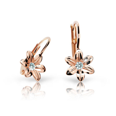 Dětské náušnice Danfil kytičky C1993 z růžového zlata s kamínkem White, zapínání klapka