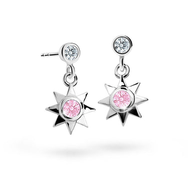 Dětské visací náušnice Danfil hvězdičky C1995 z bílého zlata s kamínkem Pink, zapínání puzeta