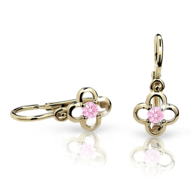 Dětské náušnice Danfil kytičky C1944 ze žlutého zlata s kamínkem Pink, zapínání brizura