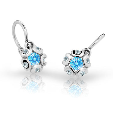 Dětské náušnice Danfil kytičky C2178 z bílého zlata s kamínkem Arctic Blue, zapínání brizura