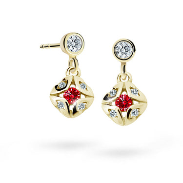 Dětské visací náušnice Danfil C2250 ze žlutého zlata s kamínkem Ruby Dark, zapínání puzeta