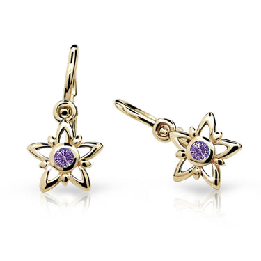 Dětské náušnice Danfil hvězdičky C1996 ze žlutého zlata s kamínkem Amethyst, zapínání brizura