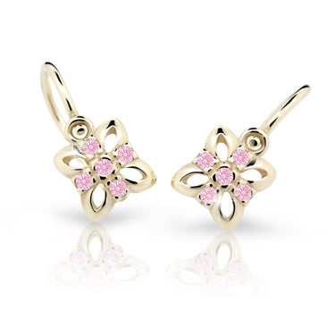 Dětské náušnice Danfil kytičky C2215 ze žlutého zlata s kamínky Pink, zapínání brizura
