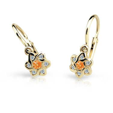Dětské náušnice Danfil kytičky C2149 ze žlutého zlata s kamínkem Orange, zapínání brizura