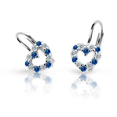 Dětské náušnice Danfil srdíčka C2157 z bílého zlata s kamínky Dark Blue, zapínání klapka