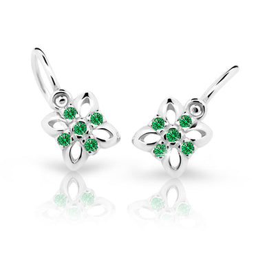 Dětské náušnice Danfil kytičky C2215 z bílého zlata s kamínky Emerald Green, zapínání brizura