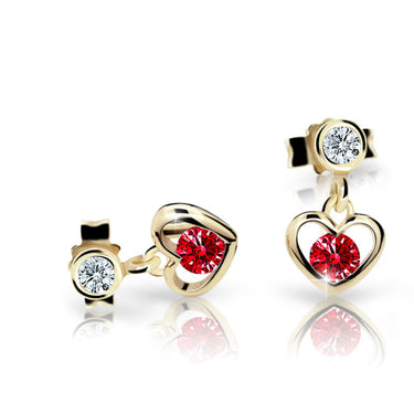 Dětské visací náušnice Danfil srdíčka C1943 ze žlutého zlata s kamínkem Ruby Dark, zapínání puzeta