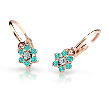 Dětské náušnice Danfil kytičky C2152 z růžového zlata s kamínky Mint Green, zapínání brizura