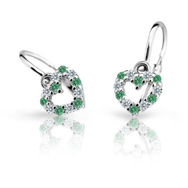 Dětské náušnice Danfil srdíčka C2157 z bílého zlata s kamínky Emerald Green, zapínání brizura