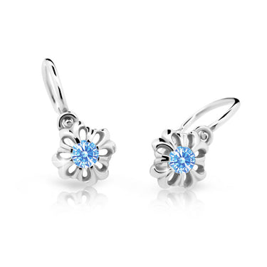 Dětské náušnice Danfil kytičky C2208 z bílého zlata s kamínkem Arctic Blue, zapínání brizura