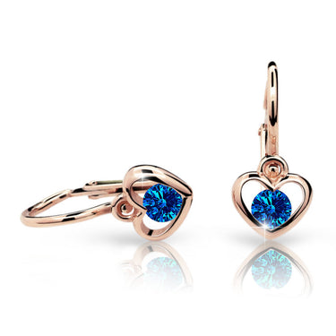 Dětské náušnice Danfil srdíčka C1943 z růžového zlata s kamínkem Dark Blue, zapínání brizura