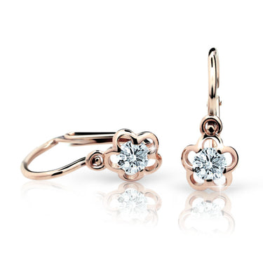 Dětské náušnice Danfil kytičky C1945 z růžového zlata s kamínkem White, zapínání brizura