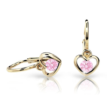 Dětské náušnice Danfil srdíčka C1943 ze žlutého zlata s kamínkem Pink, zapínání brizura