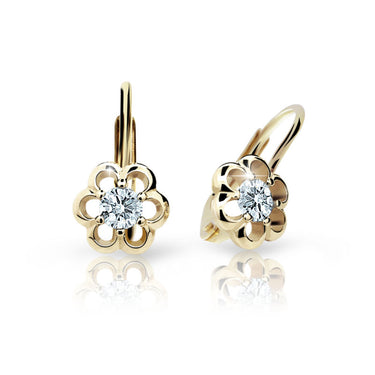 Dětské náušnice Danfil kytičky C1947 ze žlutého zlata s kamínkem White, zapínání klapka
