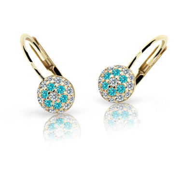 Dětské náušnice Danfil C2150 ze žlutého zlata s kamínky Mint Green, zapínání klapka