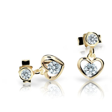 Dětské visací náušnice Danfil srdíčka C1943 ze žlutého zlata s kamínkem White, zapínání puzeta